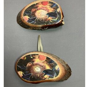 Dolphins in Space Metallic Foil Art on Wood Log‎ Slice Made in USA Set